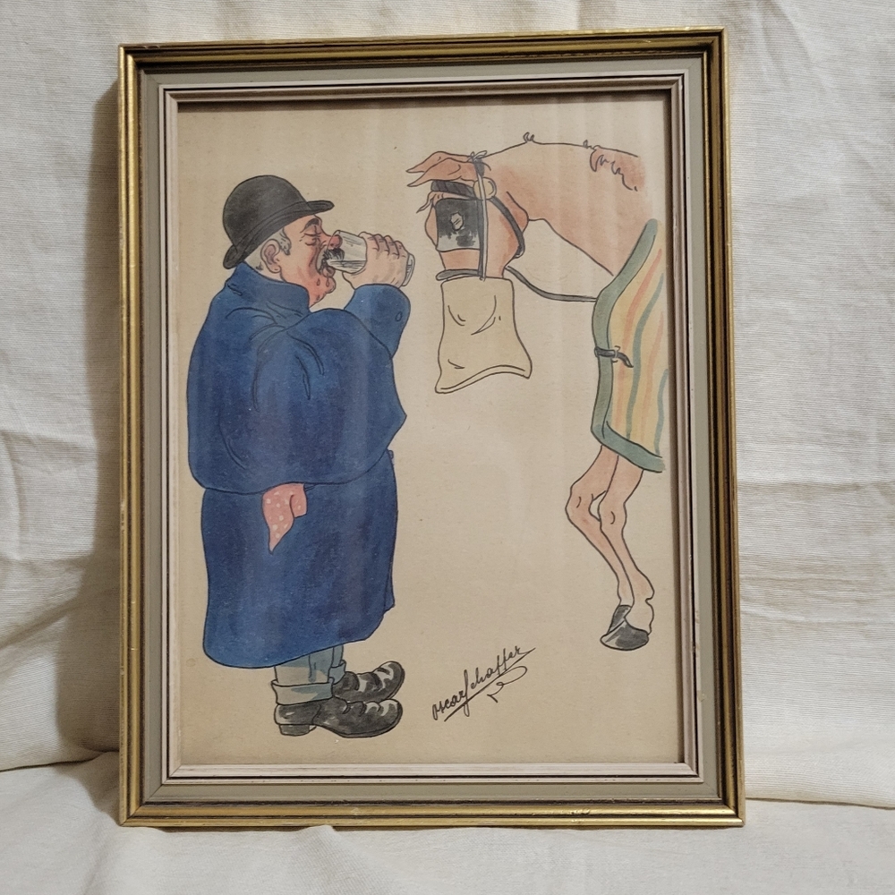 Original Signed Art, Horse & Man w/derby hat drinking beer.